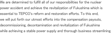 We are determind to fullfill all of our responsibilities connected to the accident and achieve the revitalization of Fukushima which is essential to TEPCO's reform and restoration efforts. To this end, beginning with the compensation, decommissioning and decontamination work, efforts will be made to secure stable power supply and implement business streaming.