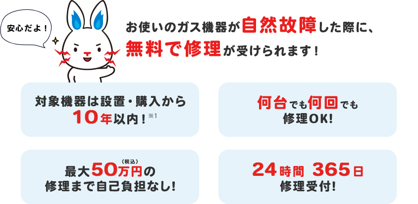 お使いのガズ機器が自然故障した際に、無料で修理が受けられます!