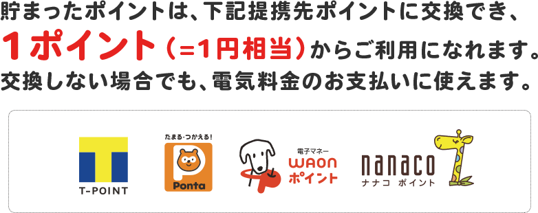 貯まったポイントは、下記提携先ポイントに交換でき、1ポイント(=1円相当)からご利用になれます。