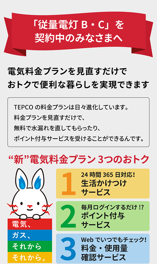 「従量電灯 B・C」を契約中のみなさまへ 電気料金プランを見直すだけでおトクで便利な暮らしを実現できます TEPCO の料金プランは日々進化しています。料金プランを見直すだけで、無料で水漏れを直してもらったりポイント付与サービスを受けることができるんです。“新”電気料金プラン 3つのおトク 1:24時間365日対応！生活かけつけサービス 2:毎月ログインするだけ!? ポイント付与サービス 3:Web でいつでもチェック！ 料金・使用量確認サービス