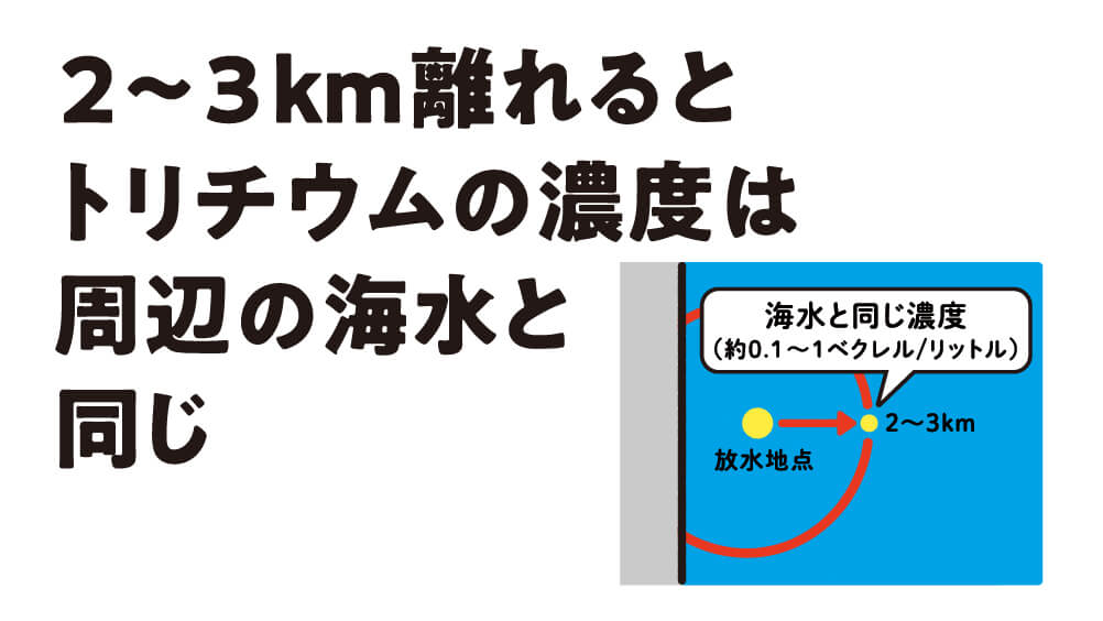 2～3km離れるとトリチウムの濃度は周辺の海水と同じ