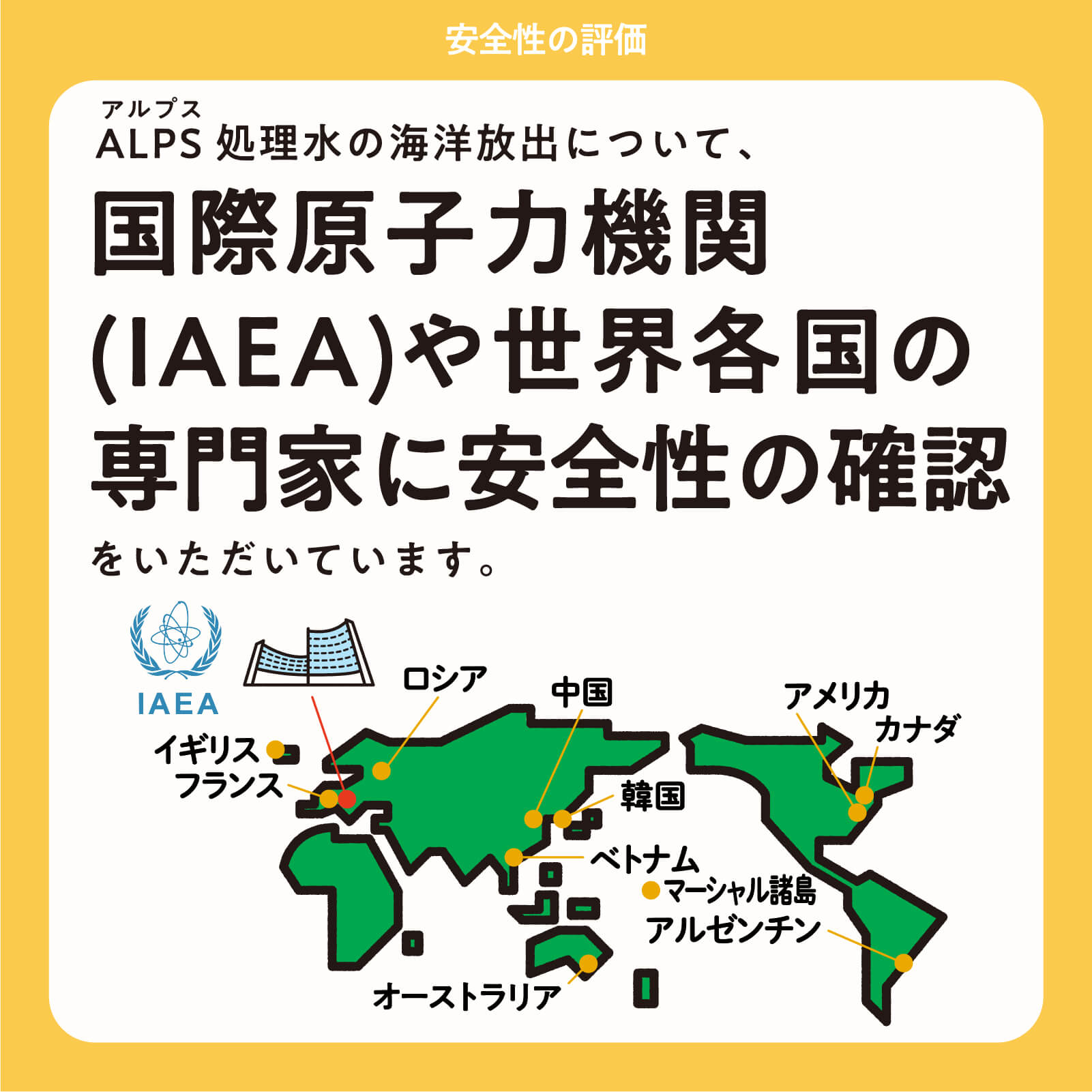 ALPS処理水の海洋放出について、国際原子力機関(IAEA)や世界各国の専門家に安全性の確認をいただいています。