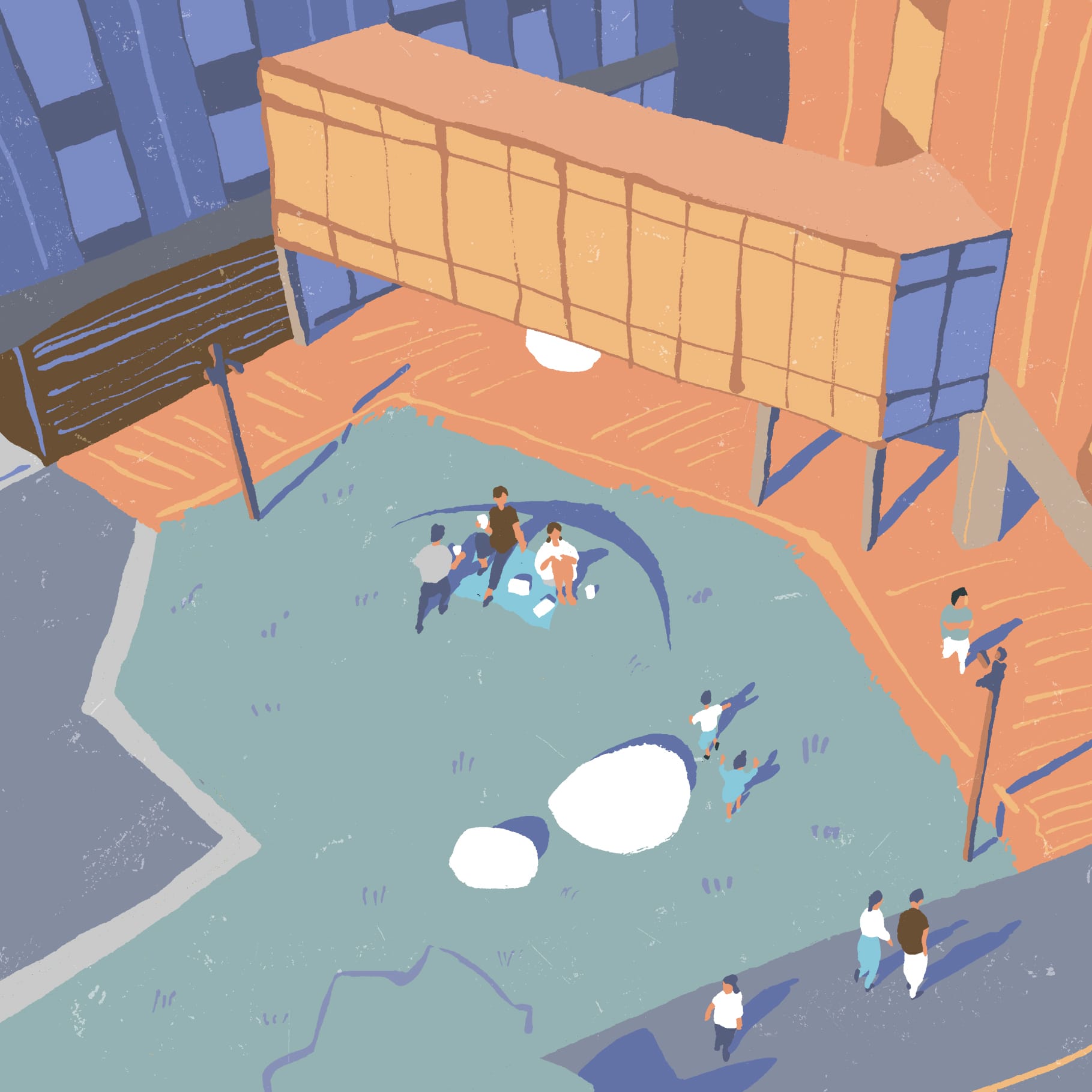 屋外ガーデンでの憩いと交流の様子