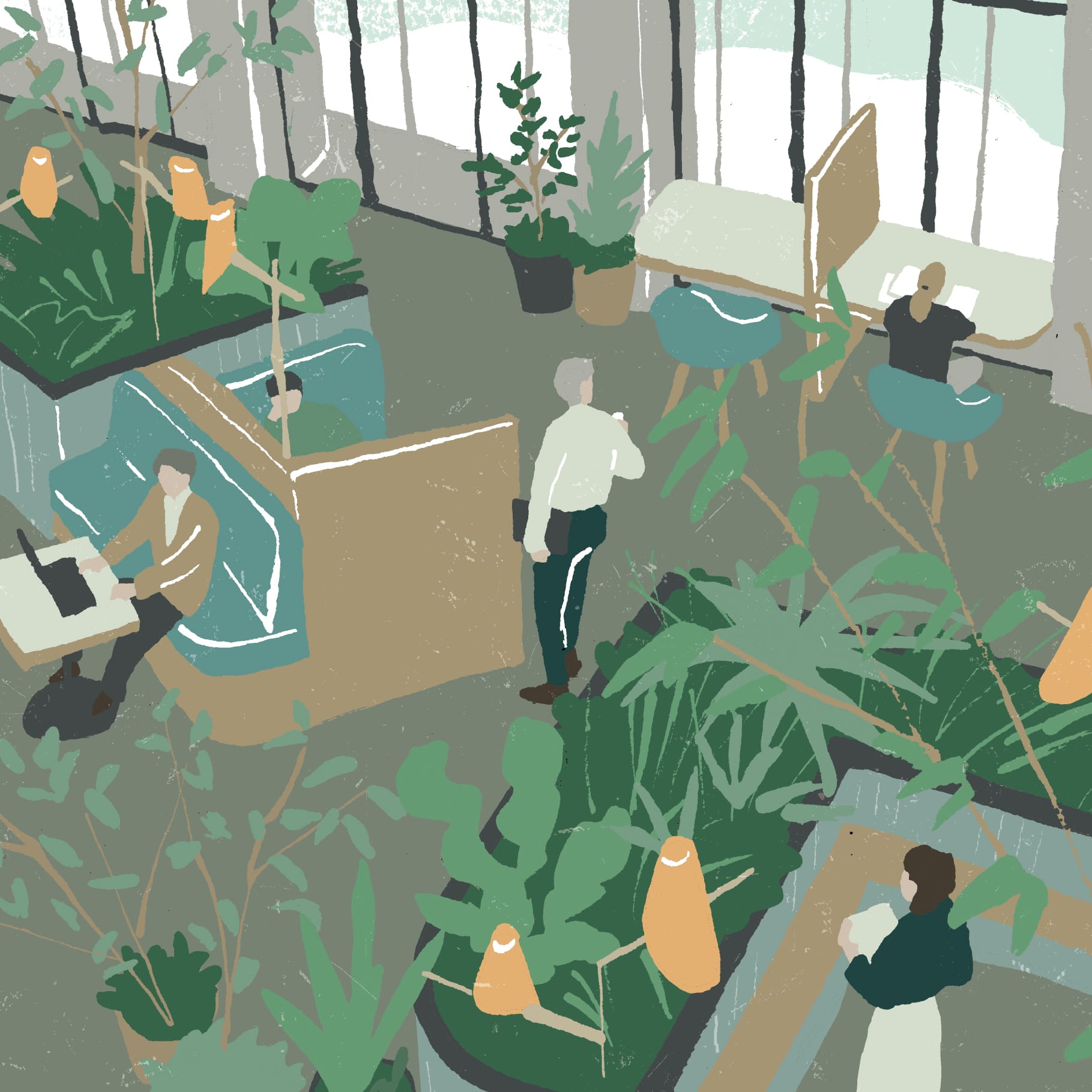 緑豊かなワークスペースでの作業の様子