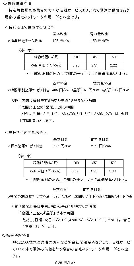 接続供給料金・振替供給料金