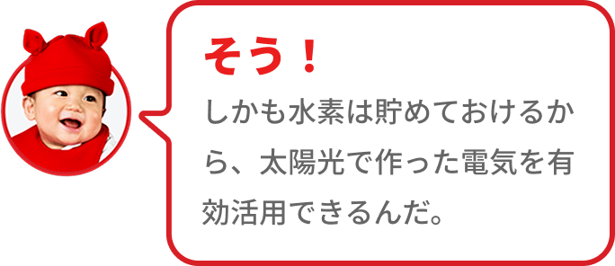 そう！しかも水素は貯めておけるから、太陽光で作った電気を有効活用できるんだ。