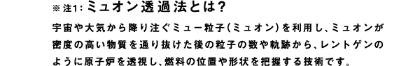 ※注1：ミュオン透過法とは？
宇宙や大気から降り注ぐミュー粒子（ミュオン）を利用し、ミュオンが密度の高い物質を通り抜けた後の粒子の数や軌跡から、レントゲンのように原子炉を透視し、燃料の位置や形状を把握する技術です。