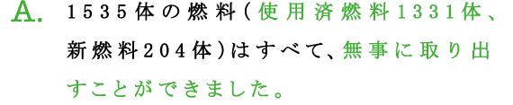 A.1535体の燃料（使用済燃料1331体、新燃料204体）はすべて、無事に取り出すことができました。