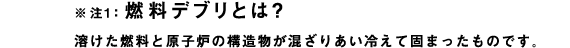 ※注1：燃料デブリとは？
溶けた燃料と原子炉の構造物が混ざりあい冷えて固まったものです。