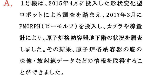 A.１号機は、2015年4月に投入した形状変化型ロボットによる調査を踏まえ、2017年3月にPMORPH（ピーモルフ）を投入し、カメラや線量計により、原子炉格納容器地下階の状況を調査しました。その結果、原子炉格納容器の底の映像・放射線データなどの情報を取得することができました。