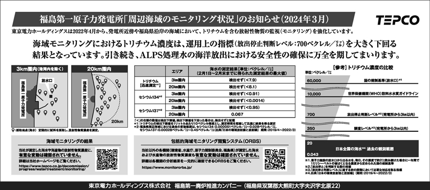 福島第一原子力発電所「周辺海域のモニタリング状況」のお知らせ