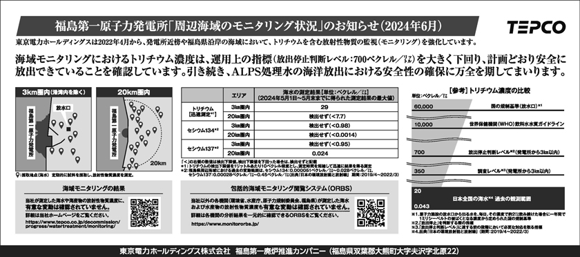 福島第一原子力発電所「周辺海域のモニタリング状況」のお知らせ