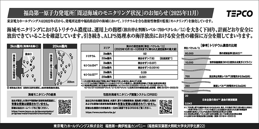 福島第一原子力発電所「周辺海域のモニタリング状況」のお知らせ