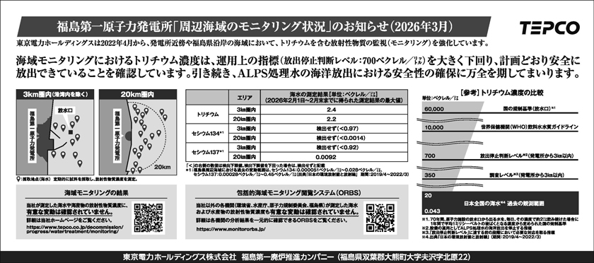 福島第一原子力発電所「周辺海域のモニタリング状況」のお知らせ
