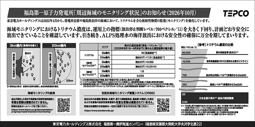 福島第一原子力発電所「周辺海域のモニタリング状況」のお知らせ