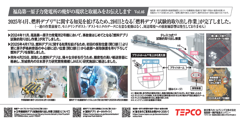 2025年4月、燃料デブリに関する知見を拡げるため、2回目となる「燃料デブリ試験的取り出し作業」が完了しました。