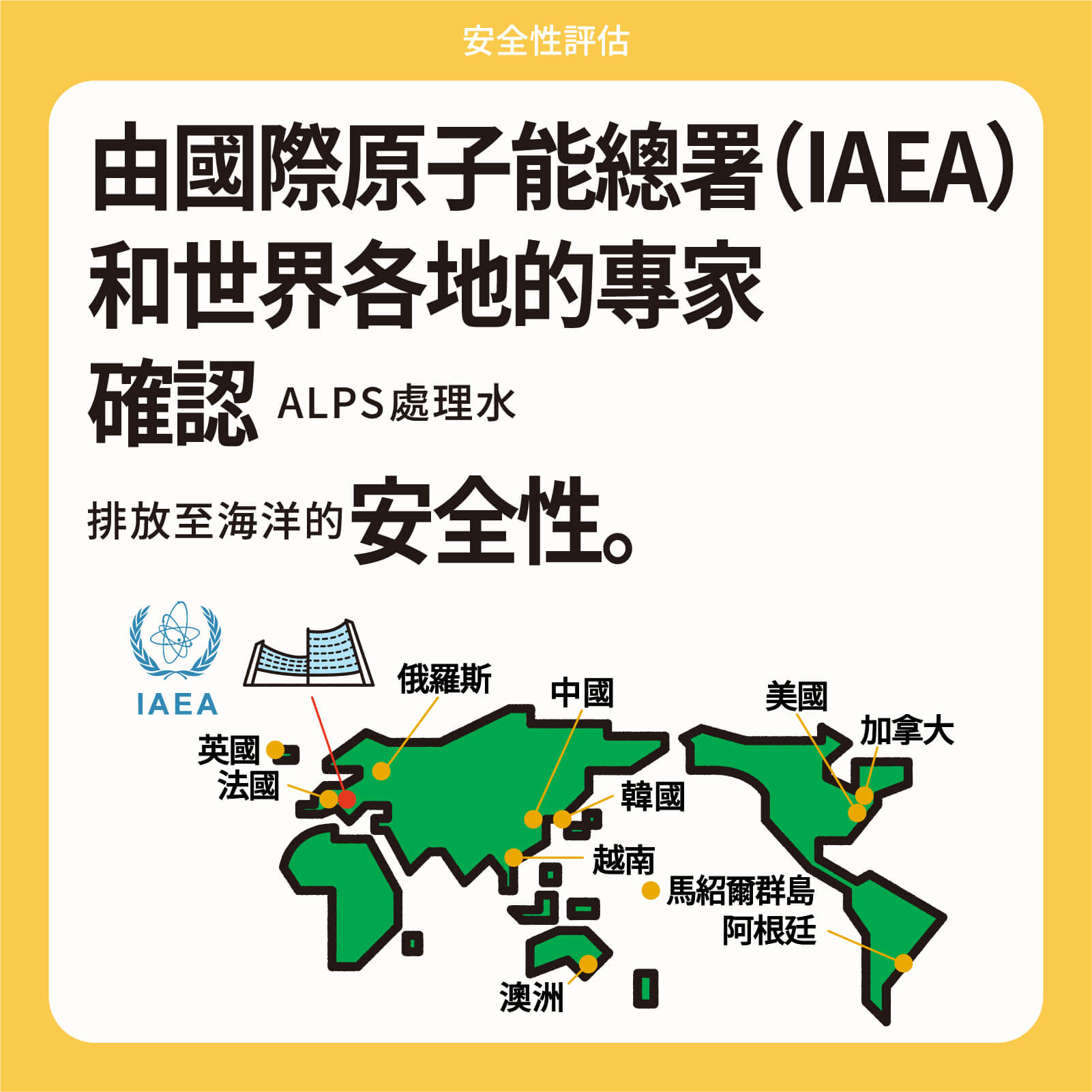 由國際原子能總署（IAEA） 和世界各地的專家 確認ALPS處理水 排放至海洋的安全性。