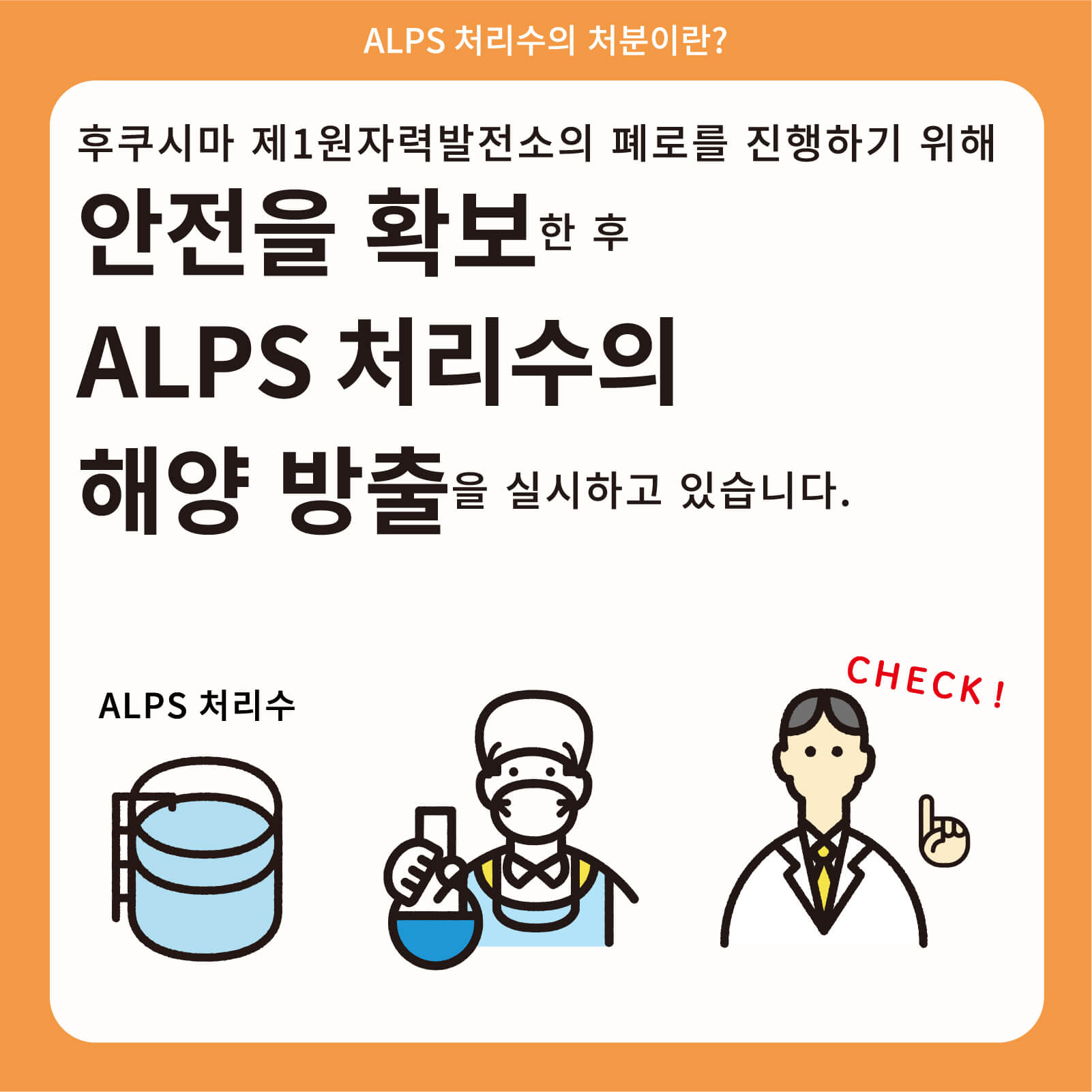 후쿠시마 제1원자력발전소의 폐로를 진행하기 위해 안전을 확보한 후 ALPS 처리수의 해양 방출을 실시할 예정입니다.