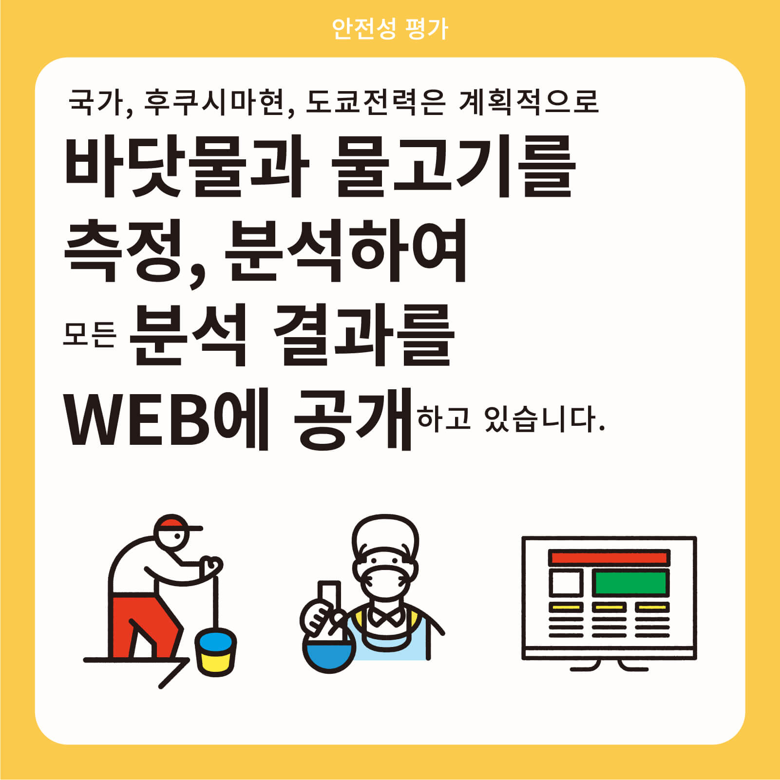 국가, 후쿠시마현, 도쿄전력은 계획적으로 바닷물과 물고기를 측정, 분석하여 모든 분석 결과를 WEB에 공개하고 있습니다.