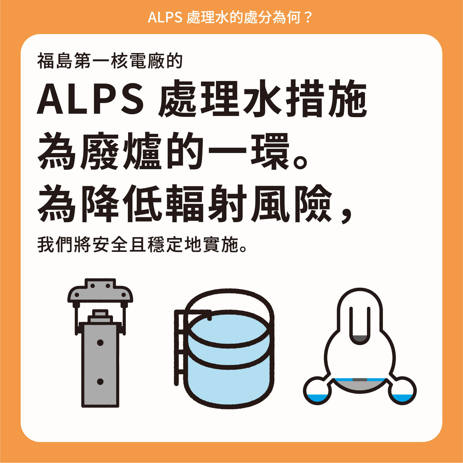 福島第一核電廠的ALPS處理水措施為廢爐的一環。為降低輻射風險，我們將安全且穩定地實施。