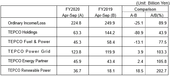 Ordinary income/loss for TEPCO HD and core companies