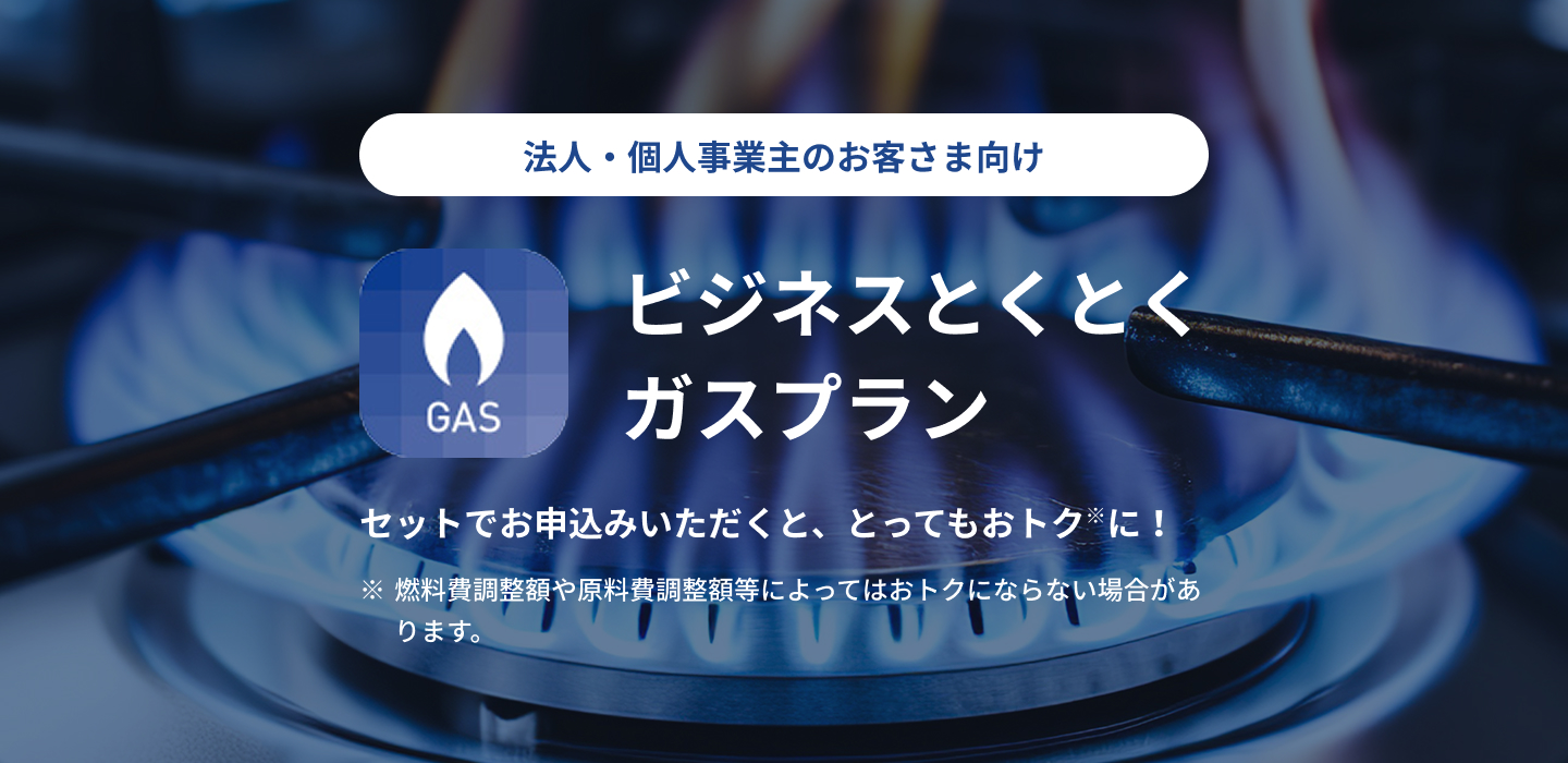 法人・個人事業主のお客さま向け ビジネスとくとくガスプラン セットでお申込みいただくと、とってもおトク※に！ ※燃料費調整額や原料費調整額等によってはおトクにならない場合があります。