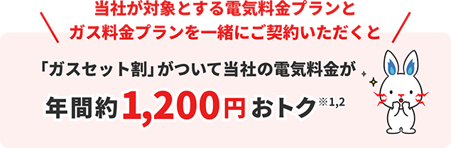 当社が対象とする電気料金プランとガス料金プランを一緒にご契約いただくと 「ガスセット割」がついて当社の電気料金が 年間1,200円おトク