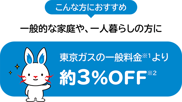 こんな方におすすめ 一般的な家庭や、一人暮らしの方に 東京ガスの一般料金※1より 約3%OFF※2