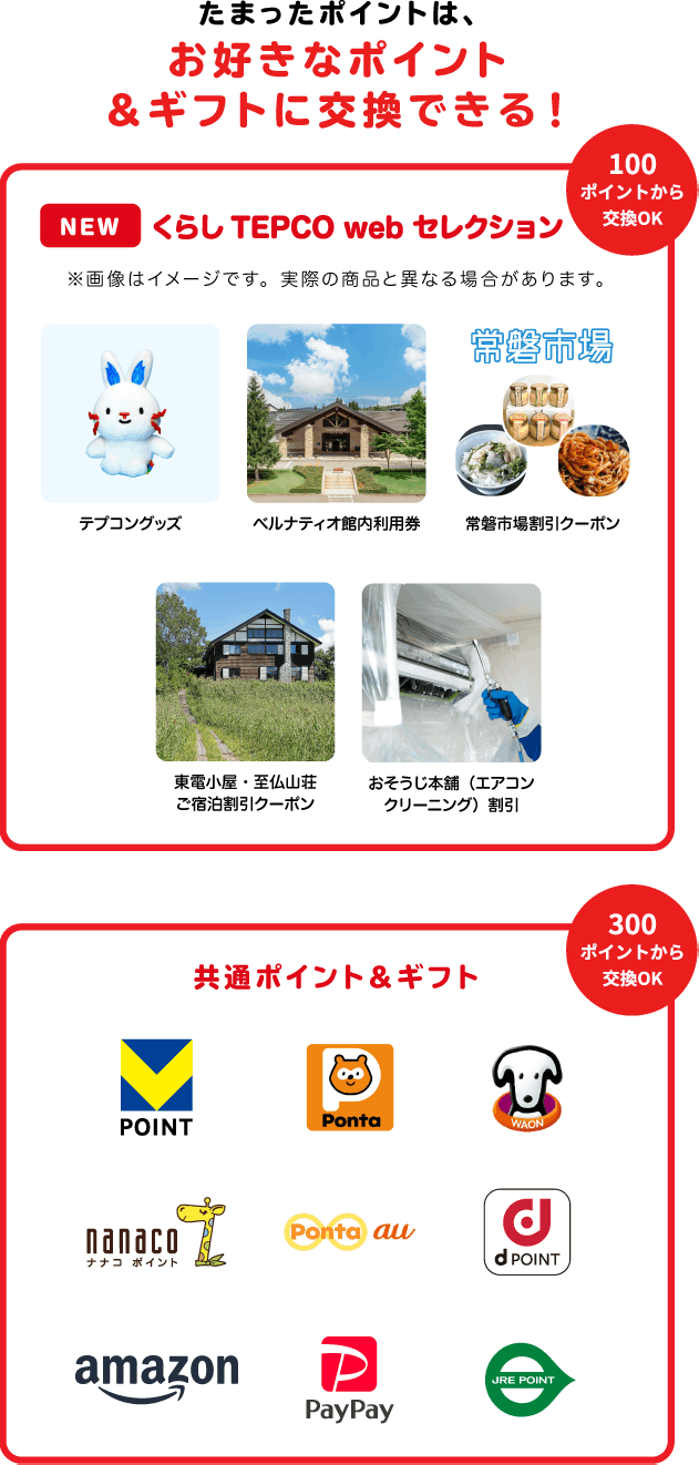 たまったポイントは、お好きなポイント&ギフトに交換できる! NEW くらし TEPCO web セレクション 100ポイントから交換OK ※画像はイメージです。実際の商品と異なる場合があります。 テプコングッズ、ベルナティオ館内利用券 常磐市場割引クーポン 東電小屋・至仏山荘ご宿泊割引クーポン おそうじ本舗(エアコンクリーニング)割引 共通ポイント&ギフト 300ポイントから交換OK Vポイント Pontaポイント WAONポイント nanacoポイント Ponta au dポイント Amazon  PayPay JRE POINT