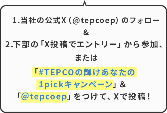 1.当社の公式X(@tepcoep)のフォロー&2.下部の「X投稿でエントリー」から参加、または、「#TEPCOの輝けあなたの1pickキャンペーン」&「@tepcoep」をつけて、Xで投稿!