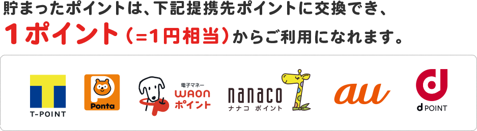 貯まったポイントは、下記提携先ポイントに交換でき、1ポイント(=1円相当)からご利用になれます。