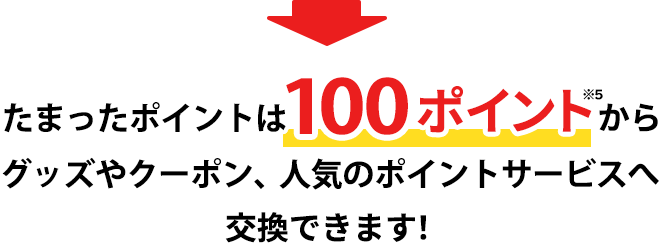 たまったポイントは100ポイントからギフト券や人気のポイントサービスへ交換できます!