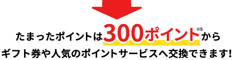 たまったポイントは300ポイントからギフト券や人気のポイントサービスへ交換できます！