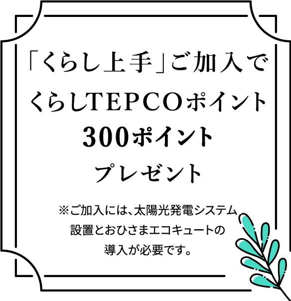 「くらし上手」ご加入でくらしTEPCOポイント300ポイントプレゼント ※ご加入には、太陽光発電システム設置とおひさまエコキュートの導入が必要です。