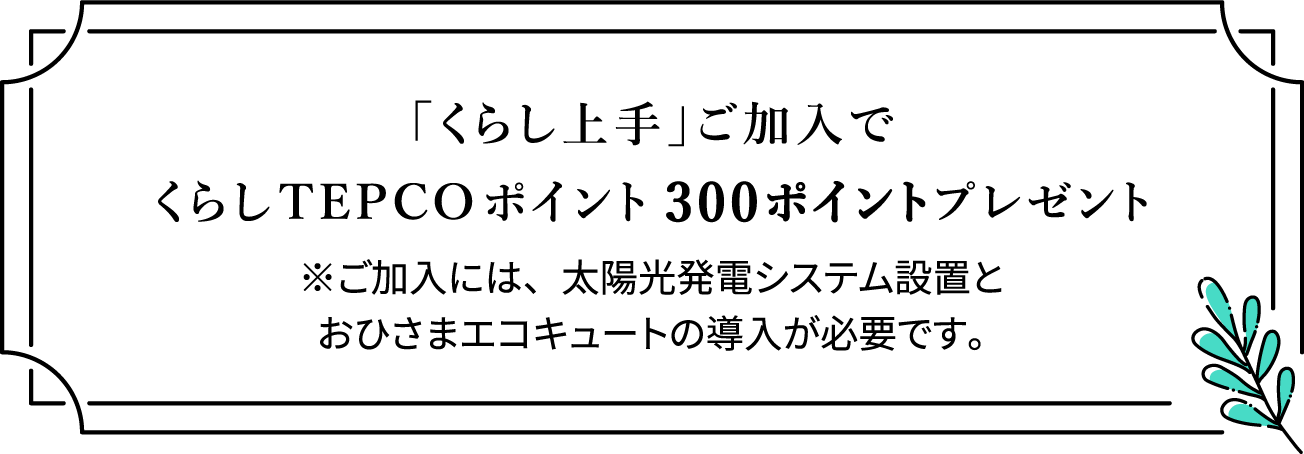 「くらし上手」ご加入でくらしTEPCOポイント300ポイントプレゼント ※ご加入には、太陽光発電システム設置とおひさまエコキュートの導入が必要です。