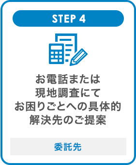 STEP4 お電話または現地調査にてお困りごとへの具体的解決先のご提案 委託先