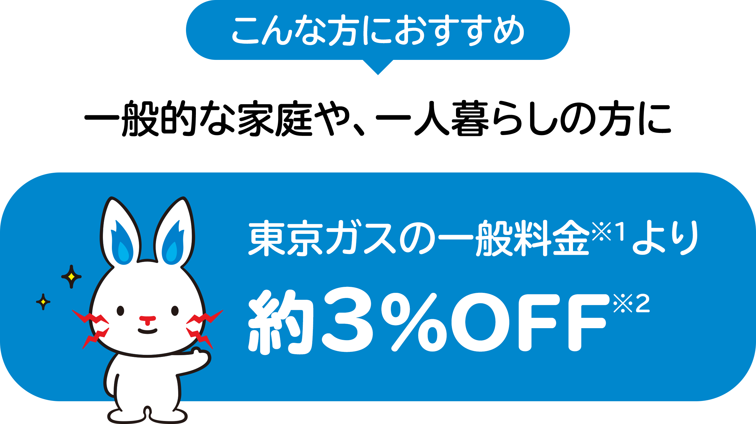 こんな方におすすめ　一般的な家庭や、一人暮らしの方に　東京ガスの一般料金※1より約3%OFF※2