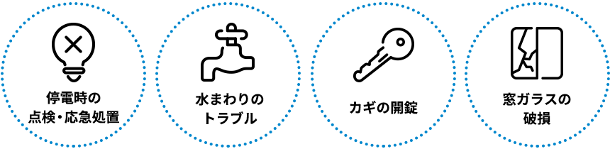 停電時の点検・応急処置 水まわりのトラブル カギの開錠 窓ガラスの破損