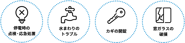 停電時の点検・応急処置 水まわりのトラブル カギの開錠 窓ガラスの破損