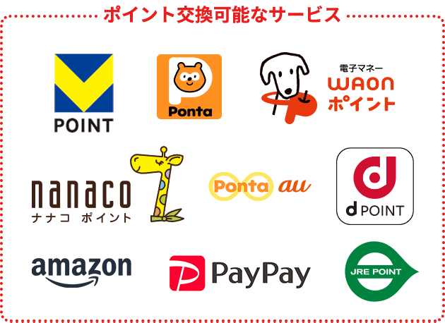 貯まったポイントは、下記に交換でき、1ポイント(=1円相当)からご利用になれます。