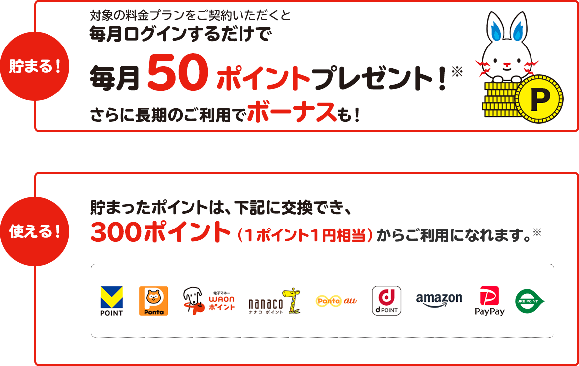 対象の電気・ガス料金プランをセットでご契約いただくと毎月ログインするだけで毎月100ポイントプレゼント！※