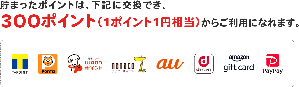 貯まったポイントは、下記に交換でき、1ポイント(=1円相当)からご利用になれます。