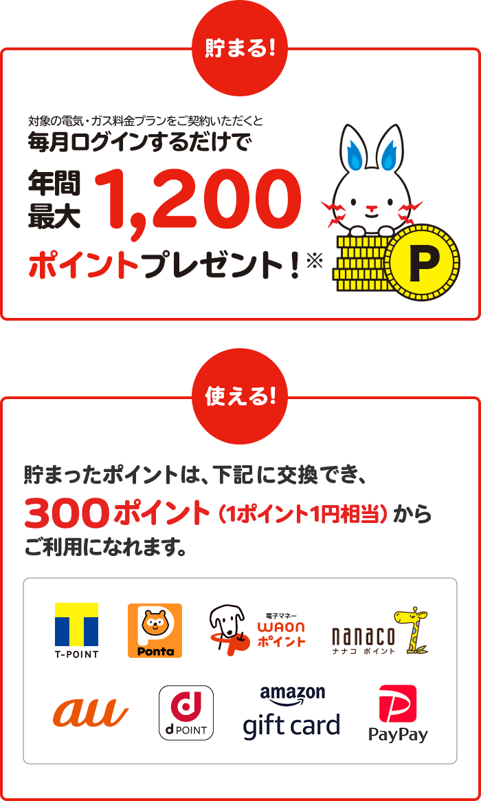 対象の電気・ガス料金プランにご契約いただくと毎月ログインするだけで年間最大1,200ポイントプレゼント！