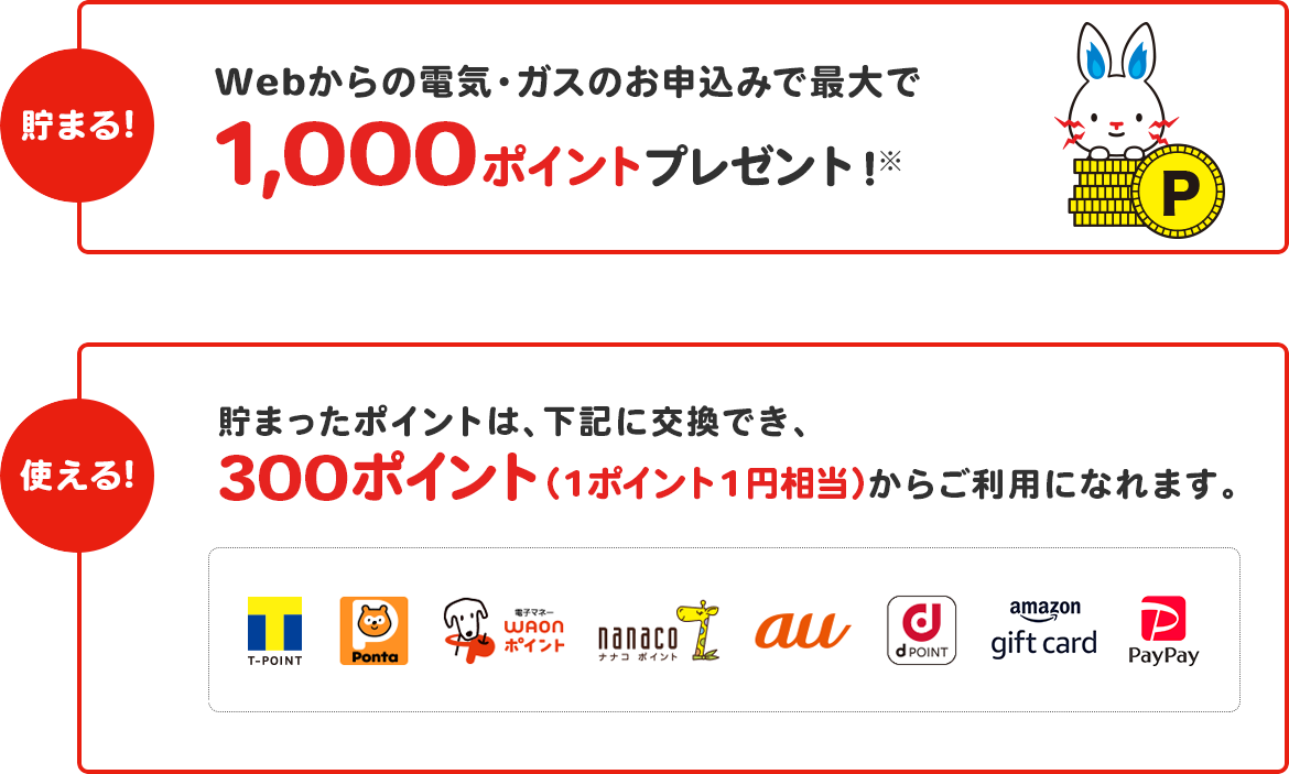 webからの電気・ガスのお申込みで最大で1,000ポイントプレゼント！