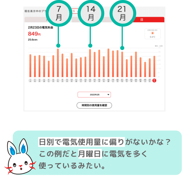 日別で電気使用量に偏りがないかな？この例だと月曜日に電気を多く使っているみたい。