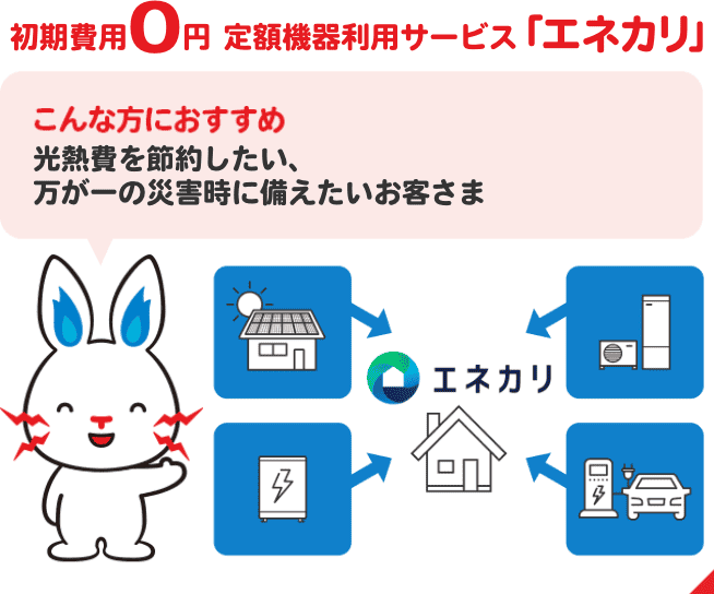 初期費用0円 定額機器利用サービス「エネカリ」 こんな方におすすめ 光熱費を節約したい、万が一の災害時に備えたいお客さま