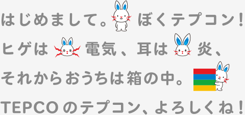 はじめまして。ぼくテプコン！ヒゲは電気、耳は炎、それからおうちは箱の中。TEPCOのテプコン、よろしくね！