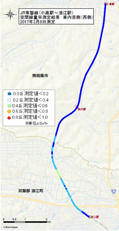 空間線量率のマップ（列車内西側）