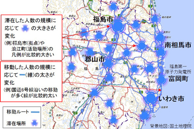 計測者の滞在場所と移動経路の分布