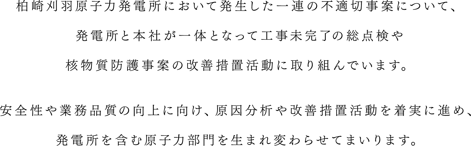 柏崎刈羽原子力発電所において発生した一連の不適切事案について、発電所と本社が一体となって工事未完了の総点検や核物質防護事案の改善措置活動に取り組んでいます。安全性や業務品質の向上に向け、原因分析や改善措置活動を着実に進め、発電所を含む原子力部門を生まれ変わらせてまいります。